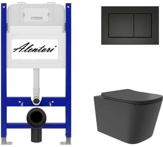 Изображение товара Комплект Alentori Инсталляция для унитаза SISTEMA 50 AL.SIS33T клавиша CHIAVE A, черный мат AL.CHI013BM + Унитаз Long 525x345 безободковый, Vortex (Торнадо), Soft-Close, черный мат, квадрат AL.SIS33TAL.CHI013BMQV0240