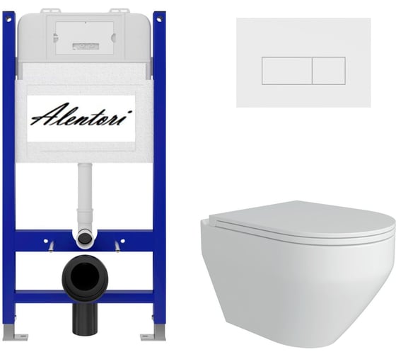 Изображение товара Комплект Alentori Инсталляция для унитаза SISTEMA 50 AL.SIS33T с клавишей CHIAVE H, белый матовый AL.CHI018WM + FLUIRE 208 Унитаз безободковый, сиденье с микролифтом, белый глянцевый AL.SIS33TAL.CHI018WMAL.FLU40208.W