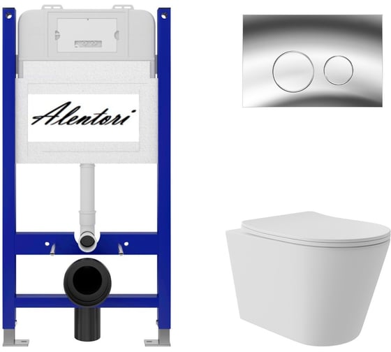 Изображение товара Комплект Alentori Инсталляция для унитаза SISTEMA 50 AL.SIS33T с клавишей CHIAVE L, хром глянец AL.CHI102CH + Унитаз Long 520x365 безободковый, Vortex (Торнадо), Soft-Close, белый мат, конус AL.SIS33TAL.CHI102CHCV0220