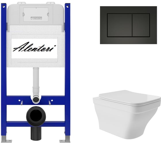 Изображение товара Комплект Alentori Инсталляция для унитаза SISTEMA 50 AL.SIS33T с клавишей CHIAVE A, черный матовый AL.CHI013BM + Унитаз 520x370 безободковый, Soft-Close, белый глянцевый, квадрат с выступом AL.SIS33TAL.CHI013BME0110