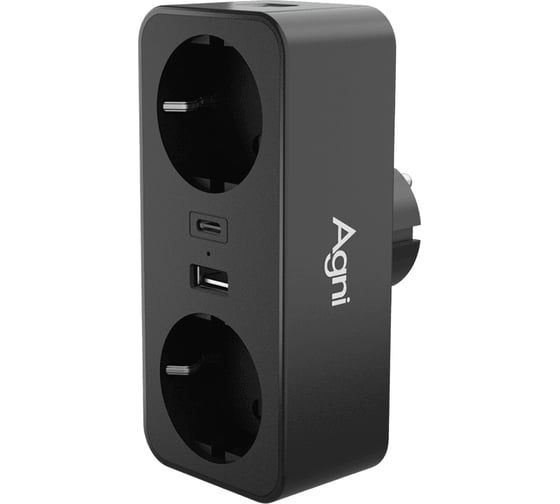 Изображение товара Тройник для розетки AGNI 2 розетки 220 + 2 USB, черный TP-WB2U2E-black
