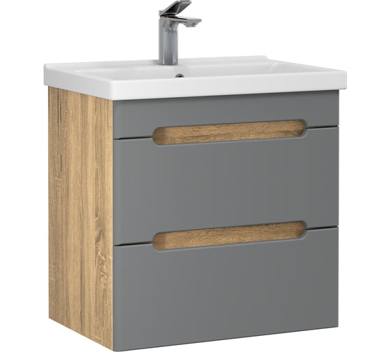 Изображение товара Тумба с раковиной RUVANN AQVI 60 + Фест 60 в ванную подвесная Графит софт, дуб вотан Т.AQVI.П-60ПР-KIT-FES