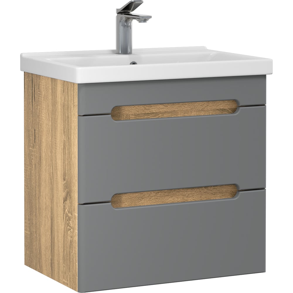 Изображение товара Тумба с раковиной RUVANN AQVI 60 + Фостер 60 в ванную подвесная Графит софт, дуб вотан Т.AQVI.П-60ПР-KIT-FOS