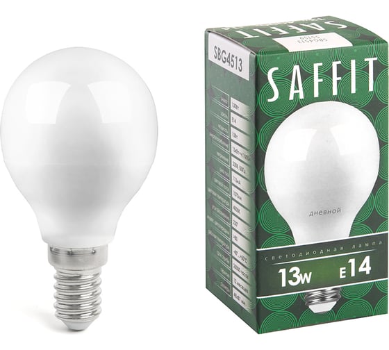 Изображение товара Светодиодная лампа SAFFIT SBG4513, G45 шар, 13W 230V E14 6400К, 1070Lm, угол рассеивания 220 55159