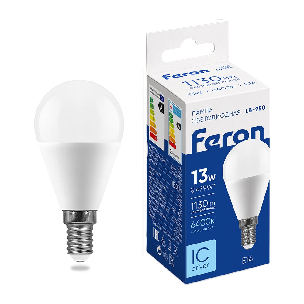 Изображение товара Светодиодная лампа FERON LB-950, G45 шар малый, 13W 230V E14 6400К 1130Lm 38103