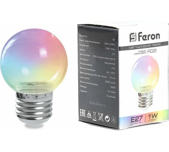 Изображение товара Светодиодная лампа FERON LB-371, G60 шар, 3W 230V E27 RGB, угол рассеивания 220 38133