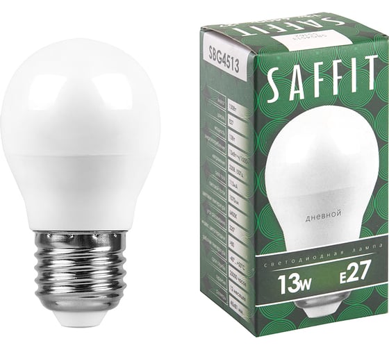 Изображение товара Светодиодная лампа SAFFIT SBG4513, G45 шар, 13W 230V E27 6400К, 1070Lm 55162