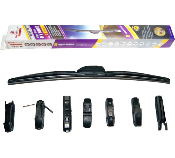 Изображение товара Щетка стеклоочистителя бескаркасная HYBRID 18"/45 см, 8 адаптеров SKYBEAR 707180