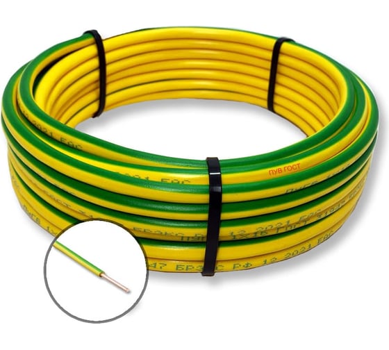 Изображение товара Провод установочный БУРЕВЕСТНИК ПУВ 1x25 мм2, Зелено-желтый, 5м BOZ247193L5