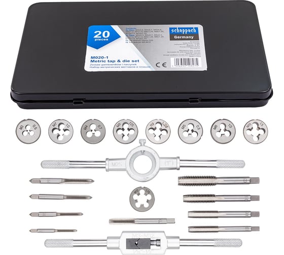 Изображение товара Набор метчиков и плашек Scheppach метрический 20 предметов (М3x0.5, М4x0.7, М5x0.8, М6x1, М7x1, М8x1.25, М9x1.25, М10x1.5, М12x1.75) Sch-M020-1(64905)