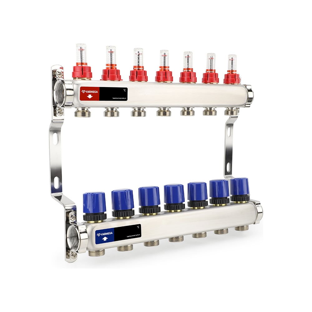 Изображение товара Коллектор с расходомерами и регулирующими клапанами Varmega 7 контуров нержавеющая сталь 1 дюйм VM1
