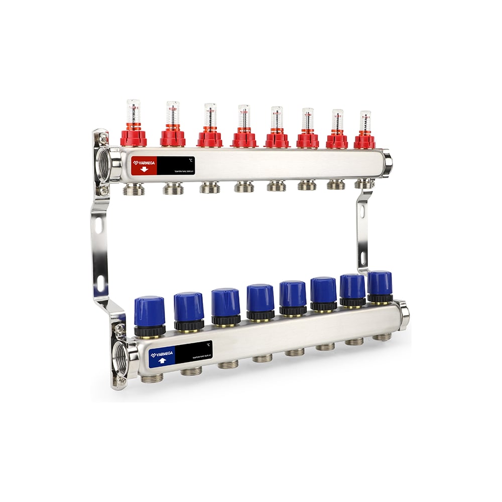 Изображение товара Коллектор с расходомерами и регуляторами Varmega 1 дюйм 8 контуров нержавеющая сталь VM15108