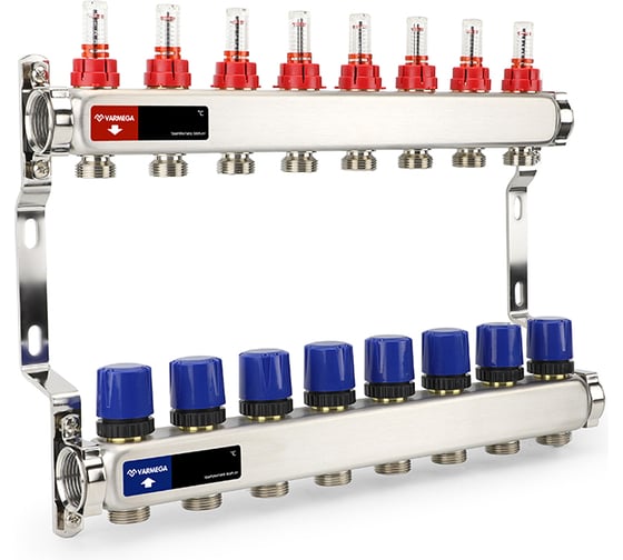 Изображение товара Коллектор с расходомерами и регулирующими клапанами Varmega из нержавеющей стали, 1", 8x3/4 ЕК VM15108