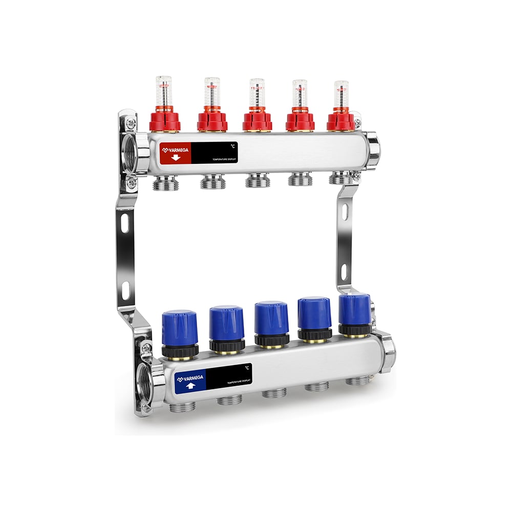 Изображение товара Коллектор с расходомерами и регулирующими клапанами Varmega 1 дюйм 5 контуров из нержавеющей стали 