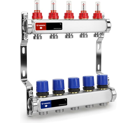 Изображение товара Коллектор с расходомерами и регулирующими клапанами Varmega из нержавеющей стали, 1", 5x3/4 ЕК VM15105