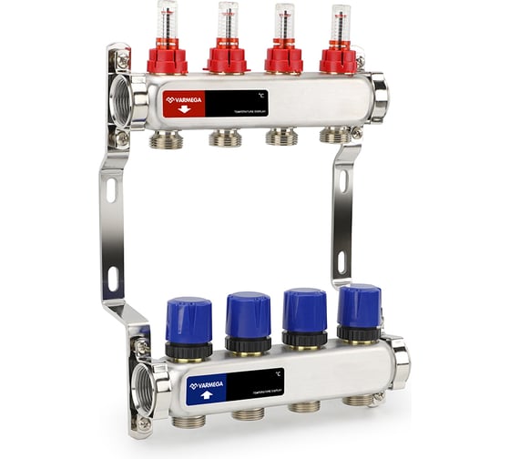 Изображение товара Коллектор с расходомерами и регулирующими клапанами Varmega из нержавеющей стали, 1", 4x3/4 ЕК VM15104