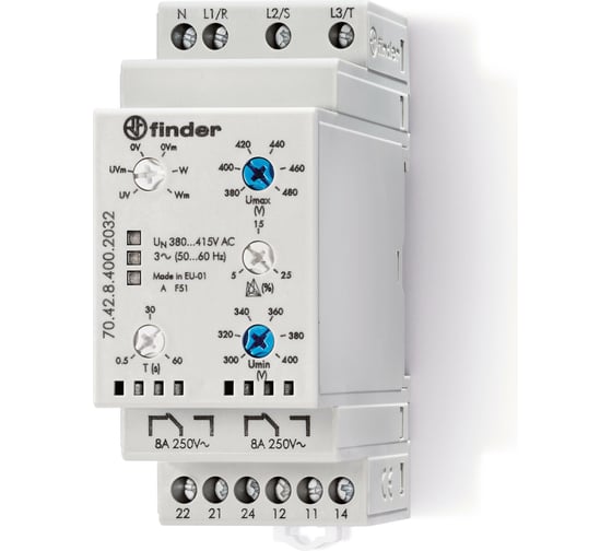 Изображение товара Реле контроля фаз Finder пониж/повыш напряж, обрыв/черед., выход 2co 8а, 380-415в, 704284002032