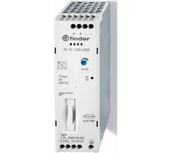 Изображение товара Импульсный источник питания Finder вход 120...240в Ac/220в Dc, выход 24в Dc, 120вт, 781B12302403