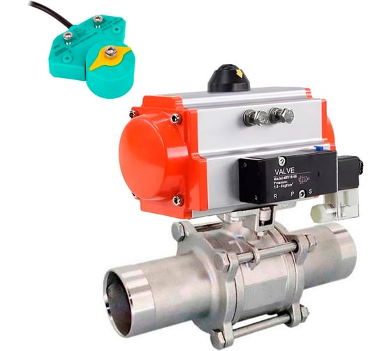 Изображение товара Кран DN.ru 316-316-PTFE-W-ISO-H LONG Ду80 Ру25 пневмопривод, пневмораспределитель, магнитный переключатель D160-62825