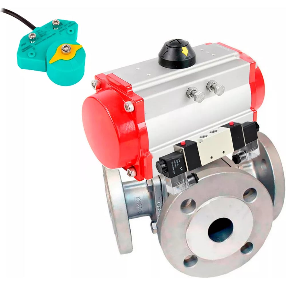 Изображение товара Кран DN.ru шаровой 316-316-PTFE L-тип Ду40 Ру16 пневмопривод