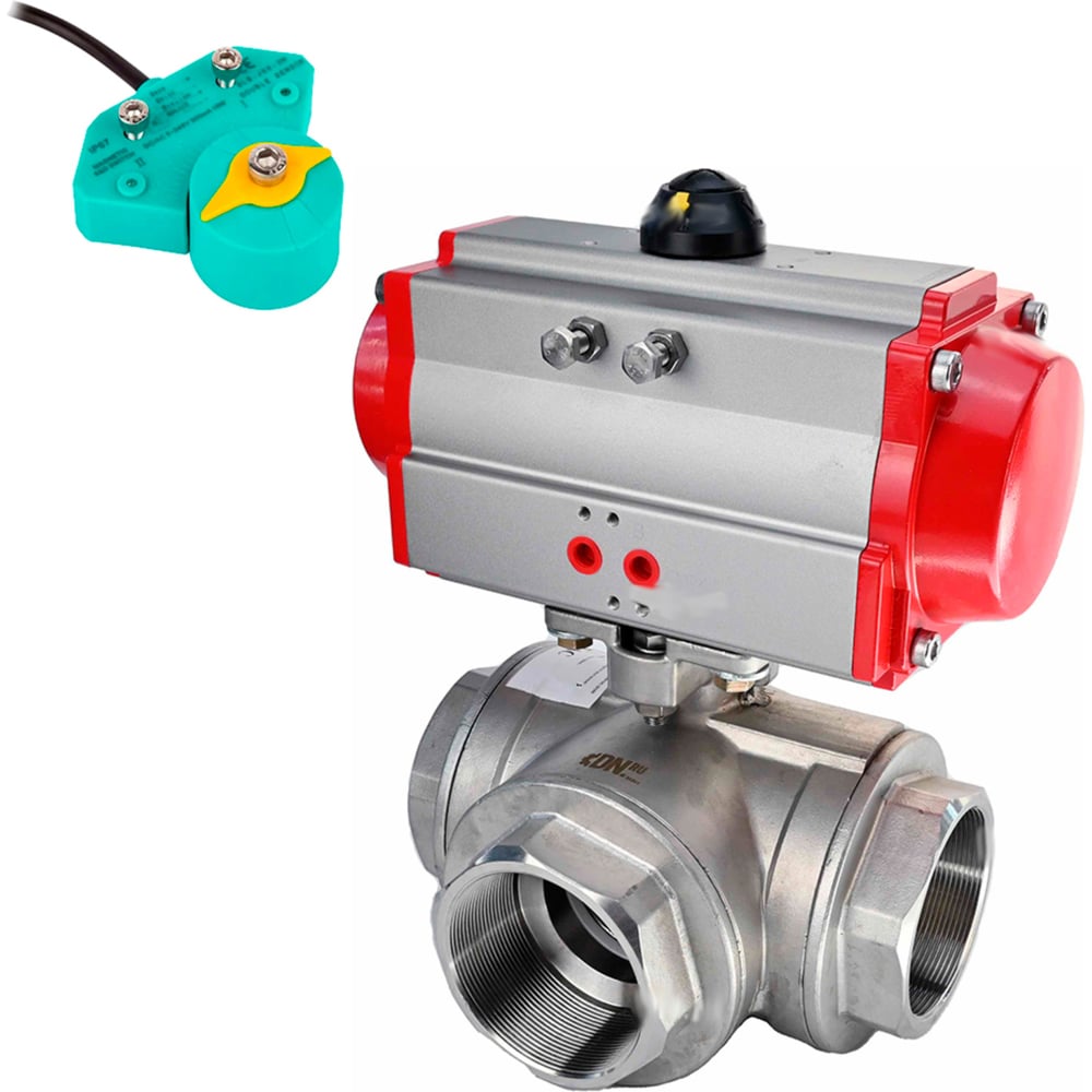 Изображение товара Кран DN.ru шаровой RP.SS316.200-ISO L-тип Ду80 Ру40, пневмопривод, магнитный переключатель D160-63008