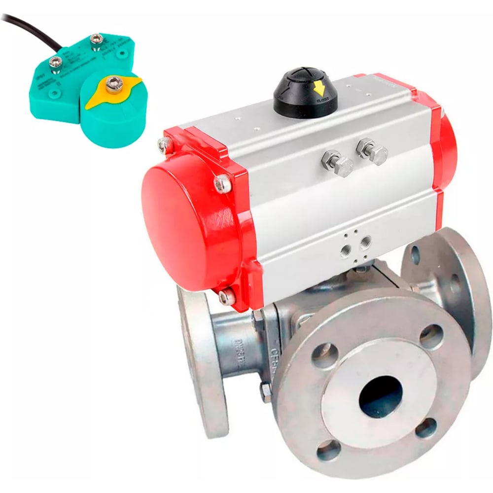 Изображение товара Кран DN.ru шаровой 316-316-PTFE L-тип Ду40 Ру16 пневмопривод магнитный переключатель