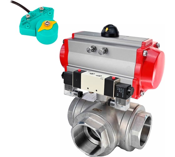 Изображение товара Кран DN.ru шаровой RP.SS316.200-ISO L-тип Ду80 Ру40 пневмопривод, пневмораспределитель, магнитный переключатель D160-62988