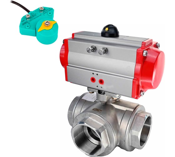 Изображение товара Кран DN.ru шаровой RP.SS316.200-ISO L-тип Ду65 Ру40, пневмопривод, магнитный переключатель D160-63007