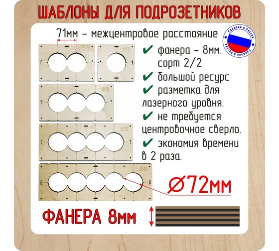 Изображение товара Комплект шаблонов для сверления подрозетников (5 шт; диаметр 72 мм; толщина 8 мм) РОТОР shablon72