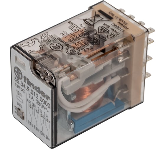 Изображение товара Промежуточное реле Finder 4 перекидных контакта 7А, = 12В DC, 553490120000