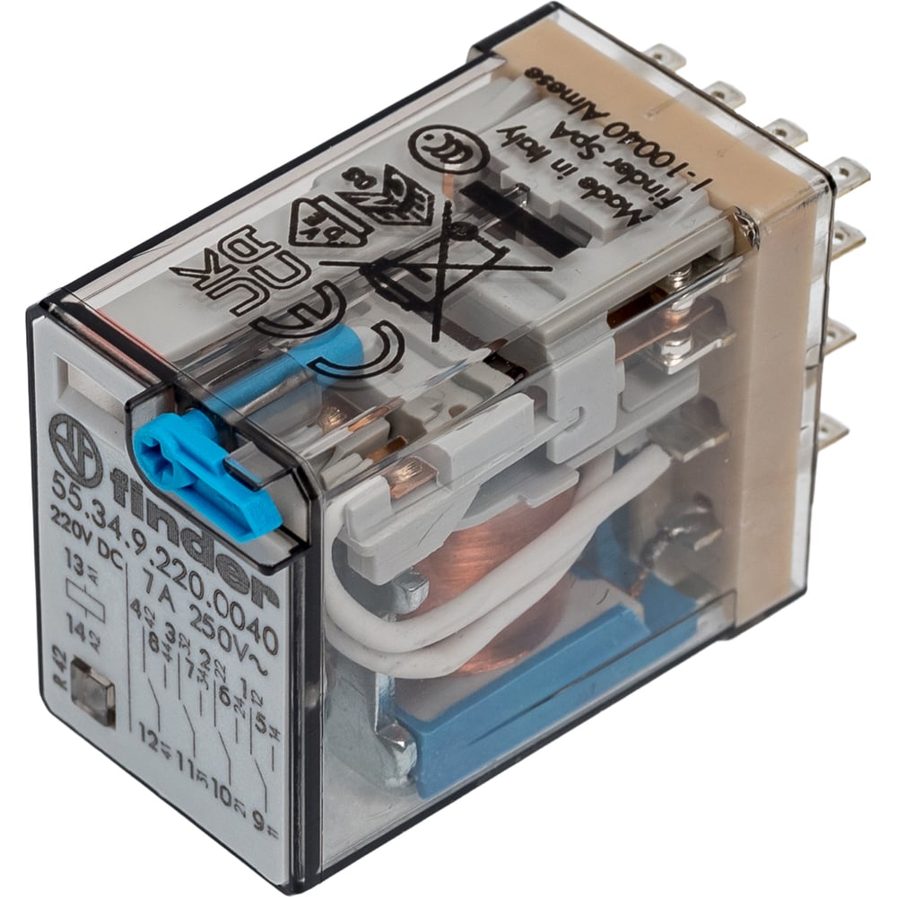 Изображение товара Промежуточное реле Finder 4 перекидных контакта 7А 220В DC 553492200040