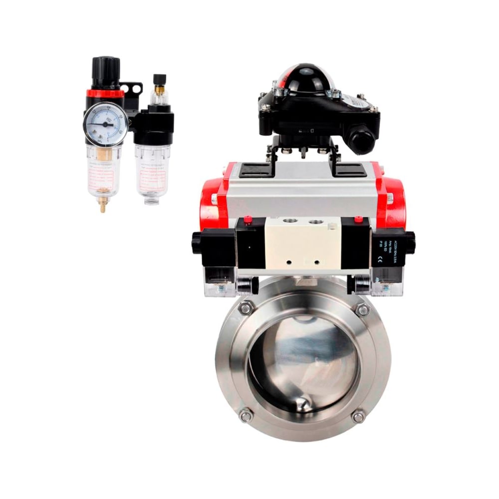 Изображение товара Дисковый затвор DN.ru 304-304-Sil Ду25 Ру10 из нержавеющей стали с пневмоприводом