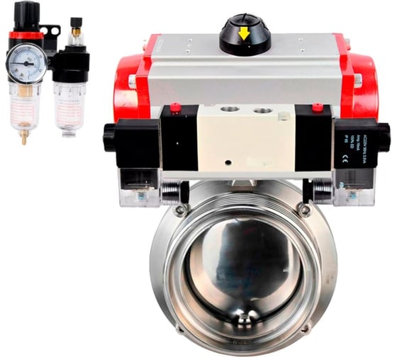 Изображение товара Дисковый затвор DN.ru 304-304-Sil Ду80 Ру10 пищевая нержавеющая сталь, пневмопривод, пневмораспределитель БПВ D050-75109