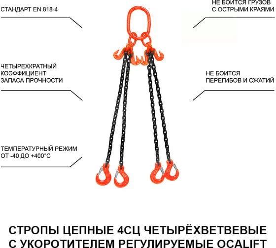 Изображение товара Цепной строп LITELIFT 4СЦ 6,7т 1м с укоротителями четырехветвевой цепь 10x30 T8 G80 4sc6700t1h
