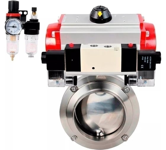 Изображение товара Затвор дисковый DN.ru 304-304-EPDM Ду32 Ру10 пищ.нерж.сталь, пневмопривод, пневмораспределитель, БПВ D050-75024