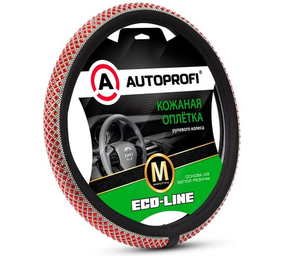Изображение товара Оплётка руля AUTOPROFI Eco-Line, премиальная экокожа, центральная вставка с кристаллами в стиле Swarovski, черный/красный, М, KR-2506 BK/RD (M)
