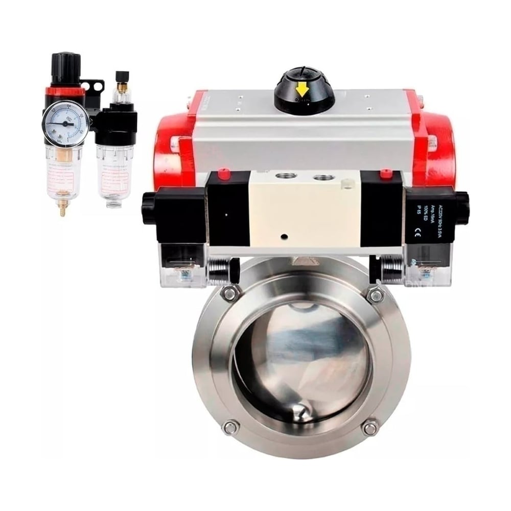 Изображение товара Затвор дисковый DN.ru 304-304-EPDM Ду80 Ру10 пищ.нерж.сталь, пневмопривод, пневмораспределитель, БПВ D050-75136