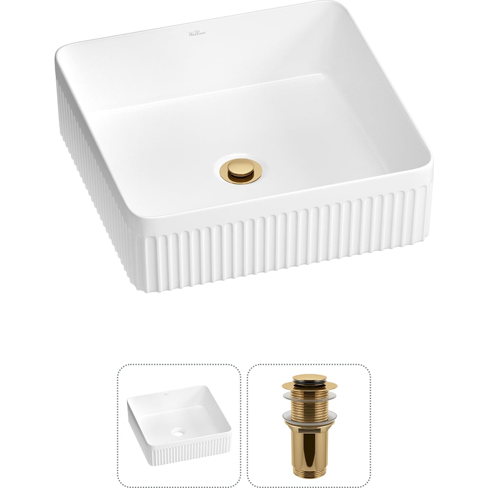 Изображение товара Накладная раковина Wellsee Festive Fox 2.0 40x40 см белая с золотыми аксессуарами