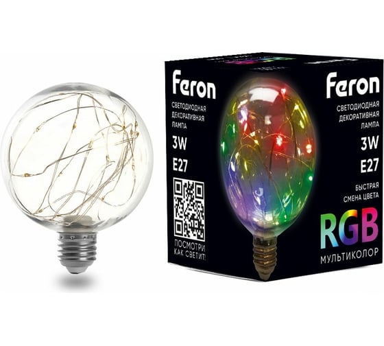 Изображение товара Светодиодная лампа FERON LB-382, G95, 3W 175-265V E27 RGB, 250Lm, угол рассеивания 220 41678