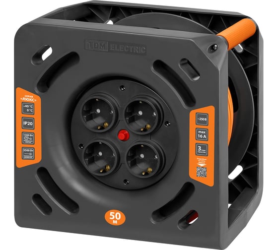 Изображение товара Удлинитель на катушке силовой TDM ELECTRIC Люкс 4 розетки ПВС 3x1,5 УКз16-004 50 метров SQ1301-0836