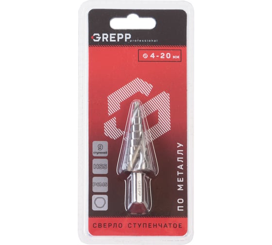 Изображение товара Сверло по металлу ступенчатое спиральное GREPP 9 ступеней, 4-20 мм,3-х гранн.хвост. /100/25 207-0003