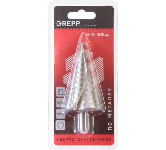 Изображение товара Сверло по металлу ступенчатое спиральное GREPP 14 ступеней, 4-39 мм,3-х гранн.хвост. /100/50 207-0005
