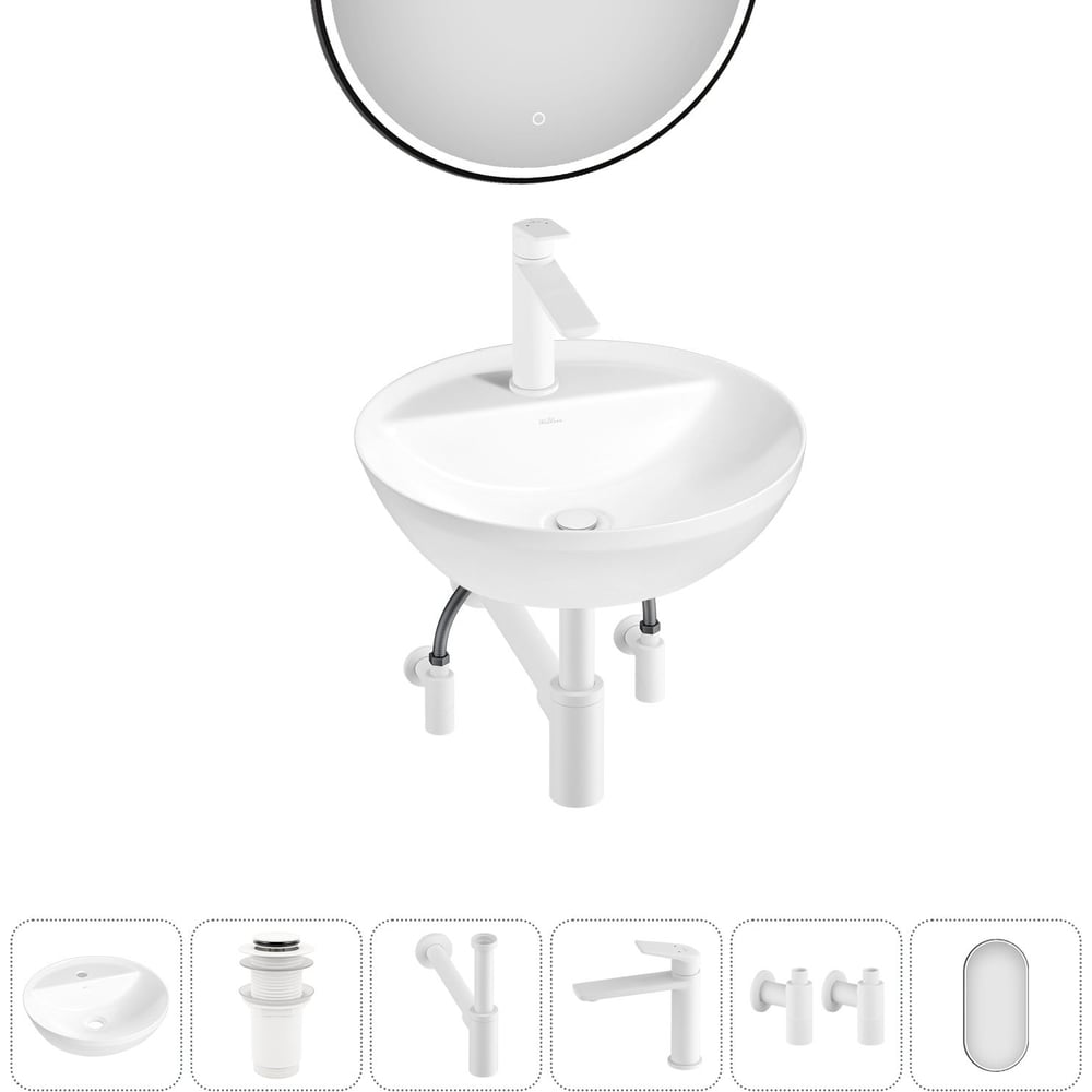Изображение товара Набор для ванной комнаты Wellsee 6 в 1 Cute Twin R накладная раковина с зеркалом и смесителем белый