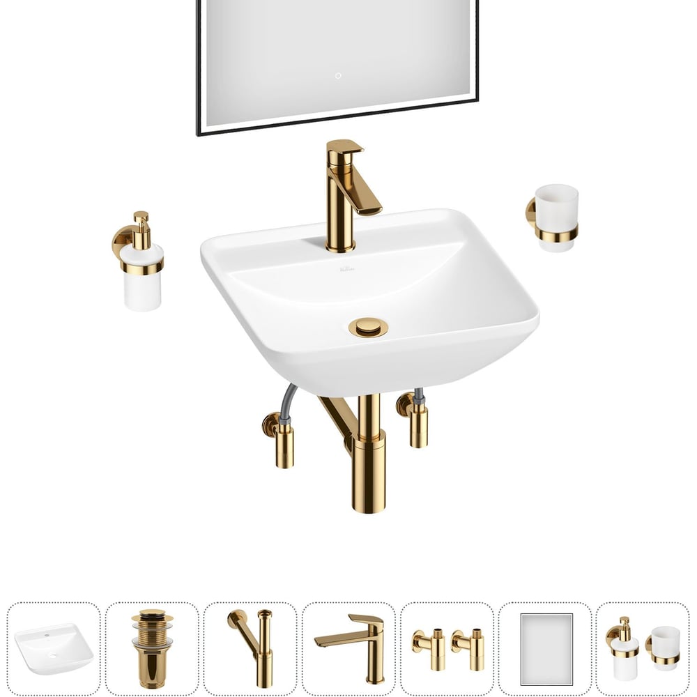 Изображение товара Набор для ванной комнаты Wellsee 7 в 1 Cute Twin S с раковиной 43x43 см и полным комплектом аксессу