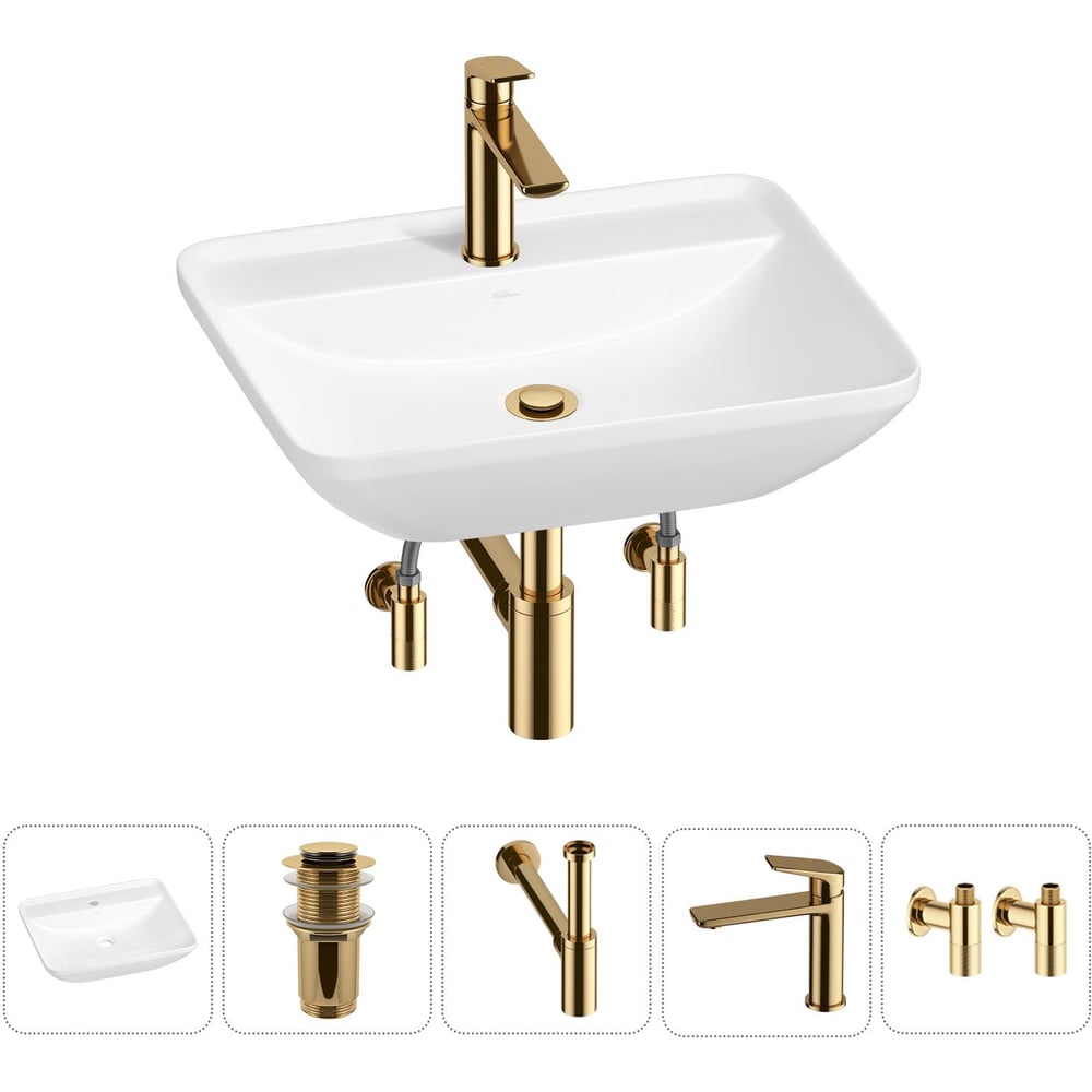 Изображение товара Набор Wellsee 5 в 1 Cute Twin S накладная раковина 55x42 см в комплекте смеситель сифоний угловые в