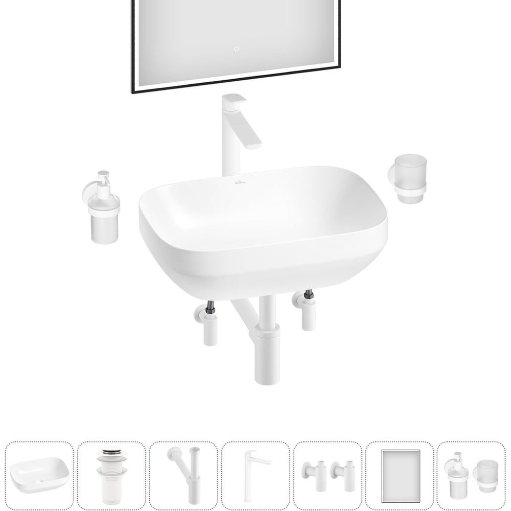 Изображение товара Набор Wellsee 7 в 1 Air Gap S накладная раковина 50x35 см с смесителем сифоном и аксессуарами