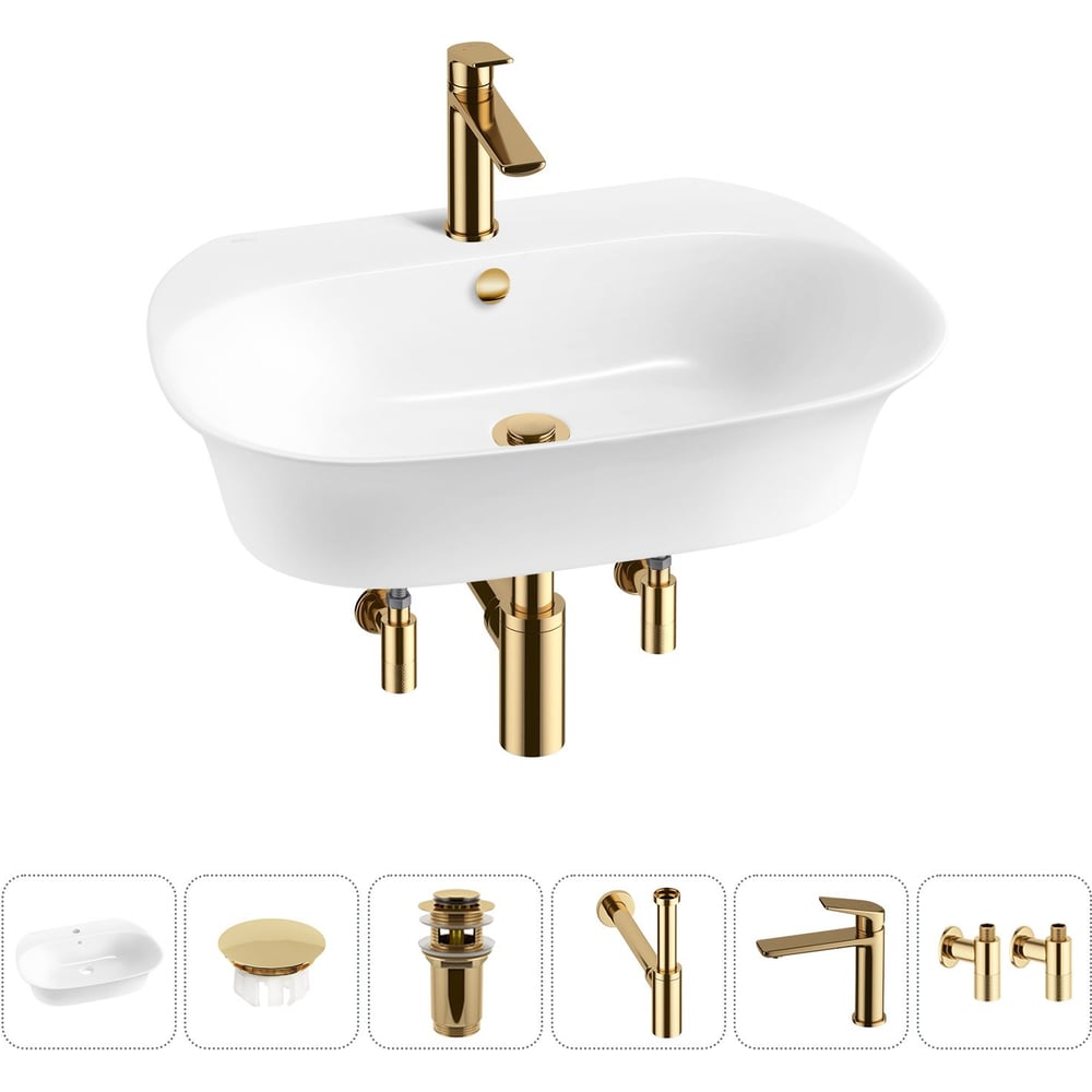 Изображение товара Набор Wellsee 6 в 1 Excellence Pro накладная и подвесная раковина 65x46 см с смесителем и аксессуар