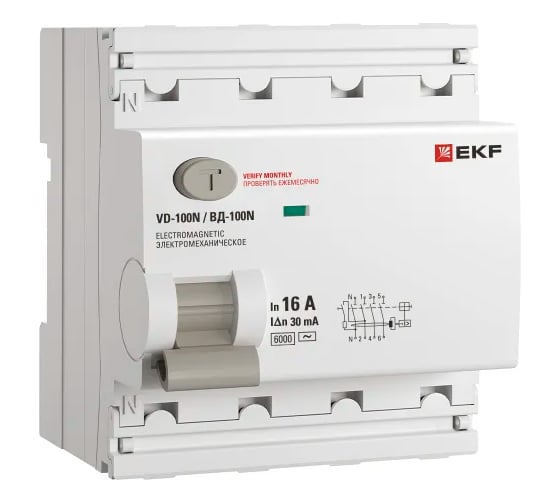 Изображение товара Выключатель дифференциального тока EKF ВД-100N 4P 16А 30мА тип AC эл-мех 6кА PROXIMA E1046M1630