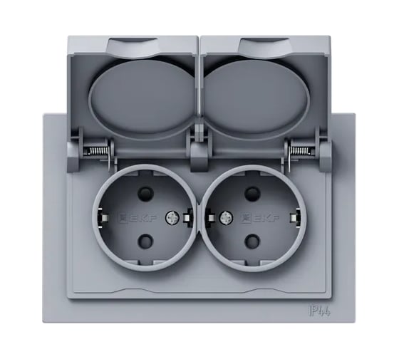 Изображение товара Механизм розетки двойной EKF 16А, IP44, с заземлением, со шторками, с рамкой, с крышками, алюминий Эпика UP1-SOA-211-44