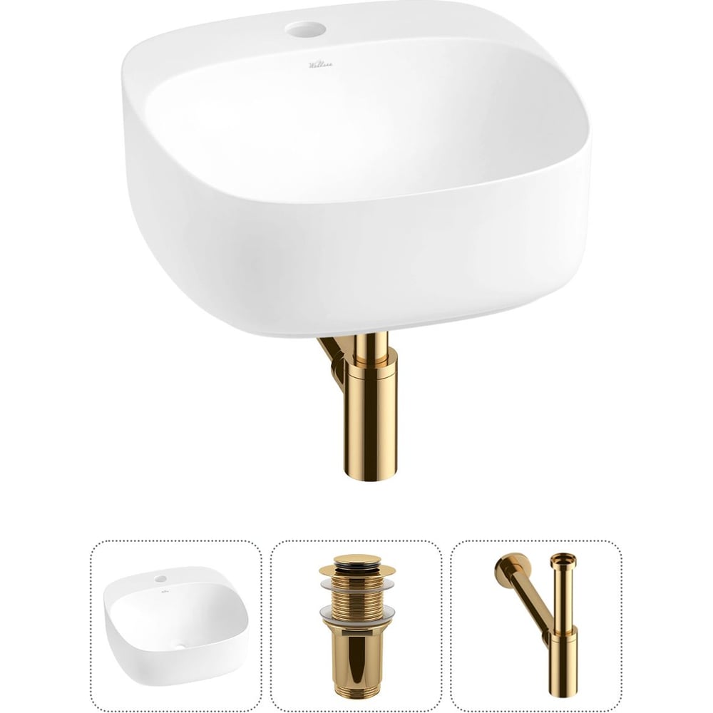 Изображение товара Набор Wellsee 3 в 1 Ideal накладная раковина 42x42 см матовый белый с золото